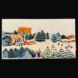 Vintage Framed Crewel Embroidery Winter Scene Erica Wilson 7156 Trees 22x12 READ